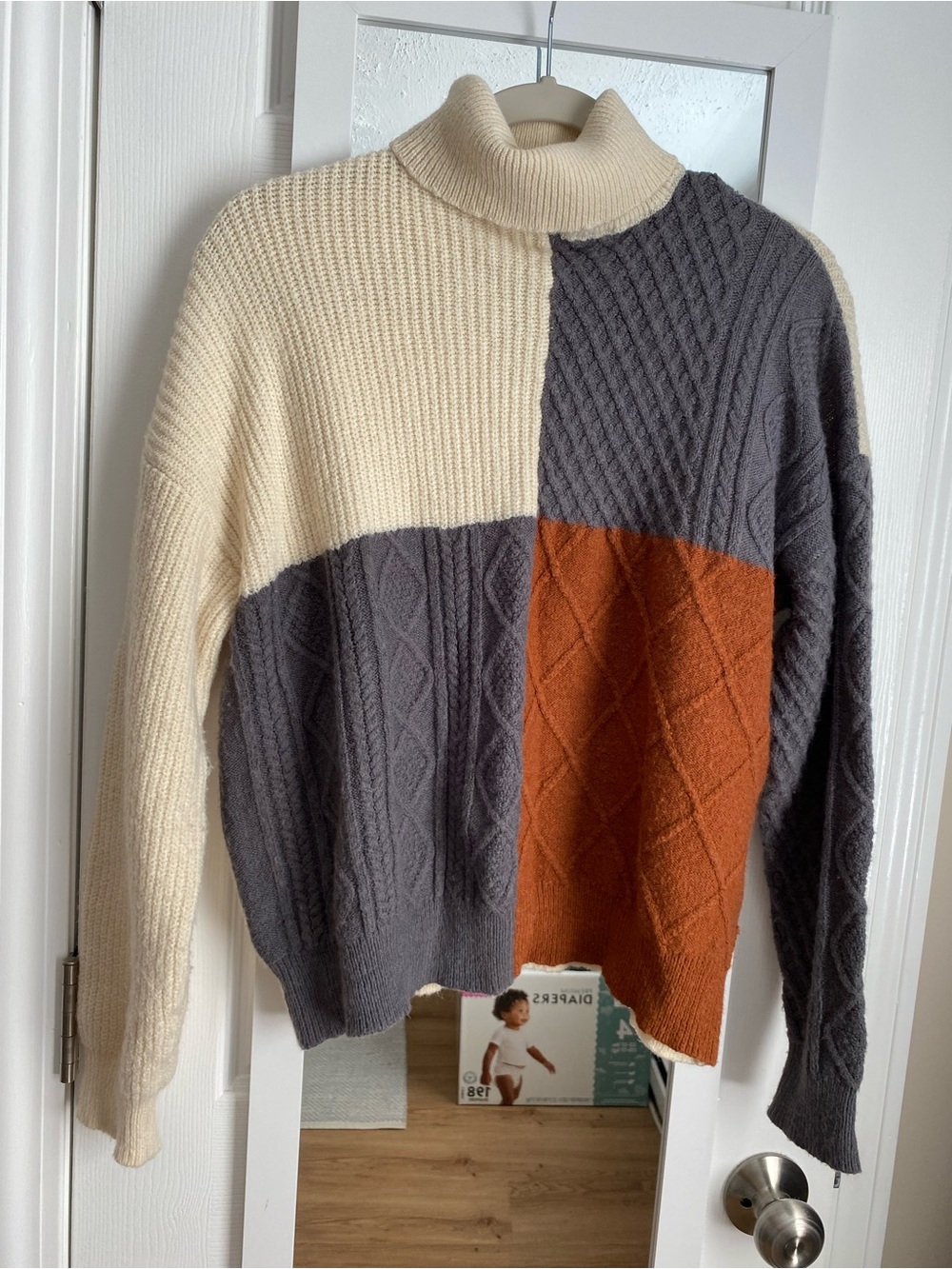 Blu Pepper Colorblock Cable Knit Turtleneck Sweater - Cream, Blue & Rust